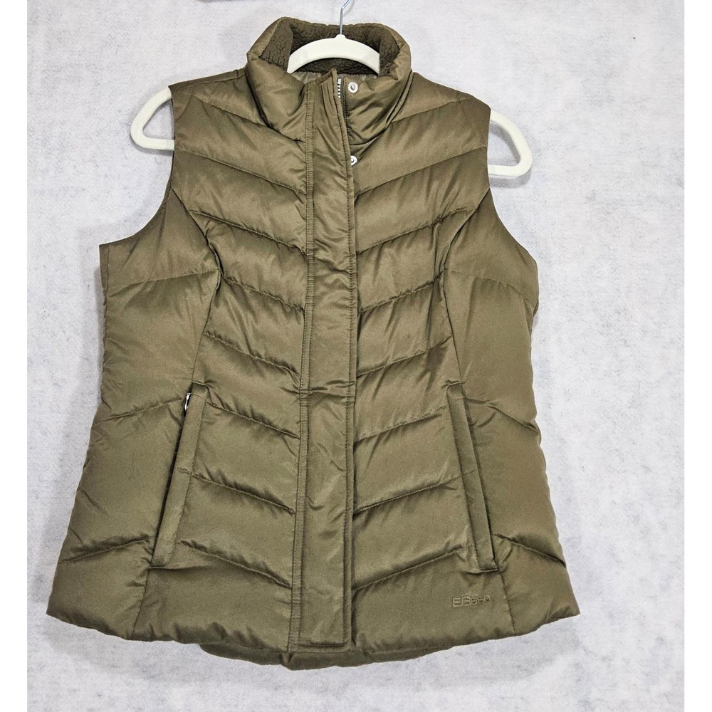 Eddie Bauer Down Vest Womens S Premium Down EB 550 Tan Puffer Sherpa Lined Zip